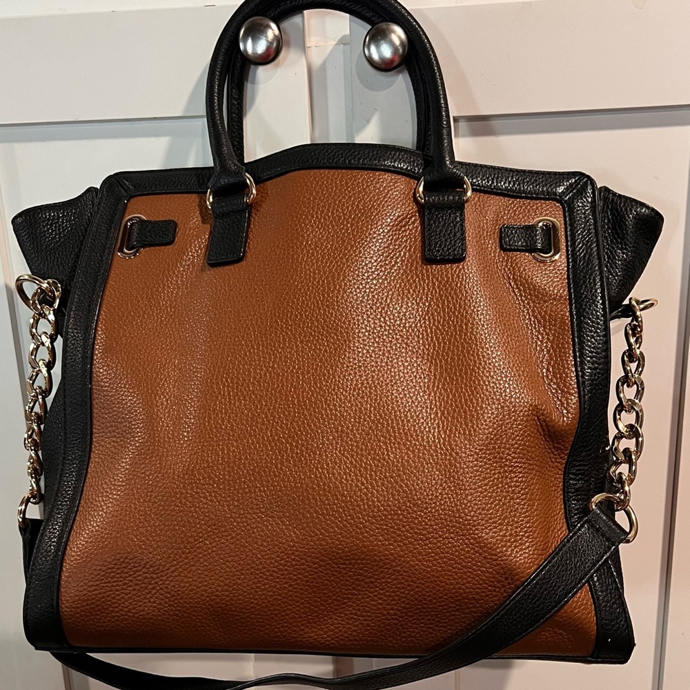 Michael Kors Large Leather Satchel Brown Black Gold Hardware Tote Bag - Picture 6 of 9